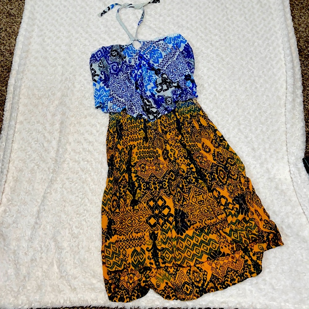 Anthropologie RAGA Until Sunrise Tiered Halter Midi Dress Blue Rust Ruffled XS - Picture 3 of 12